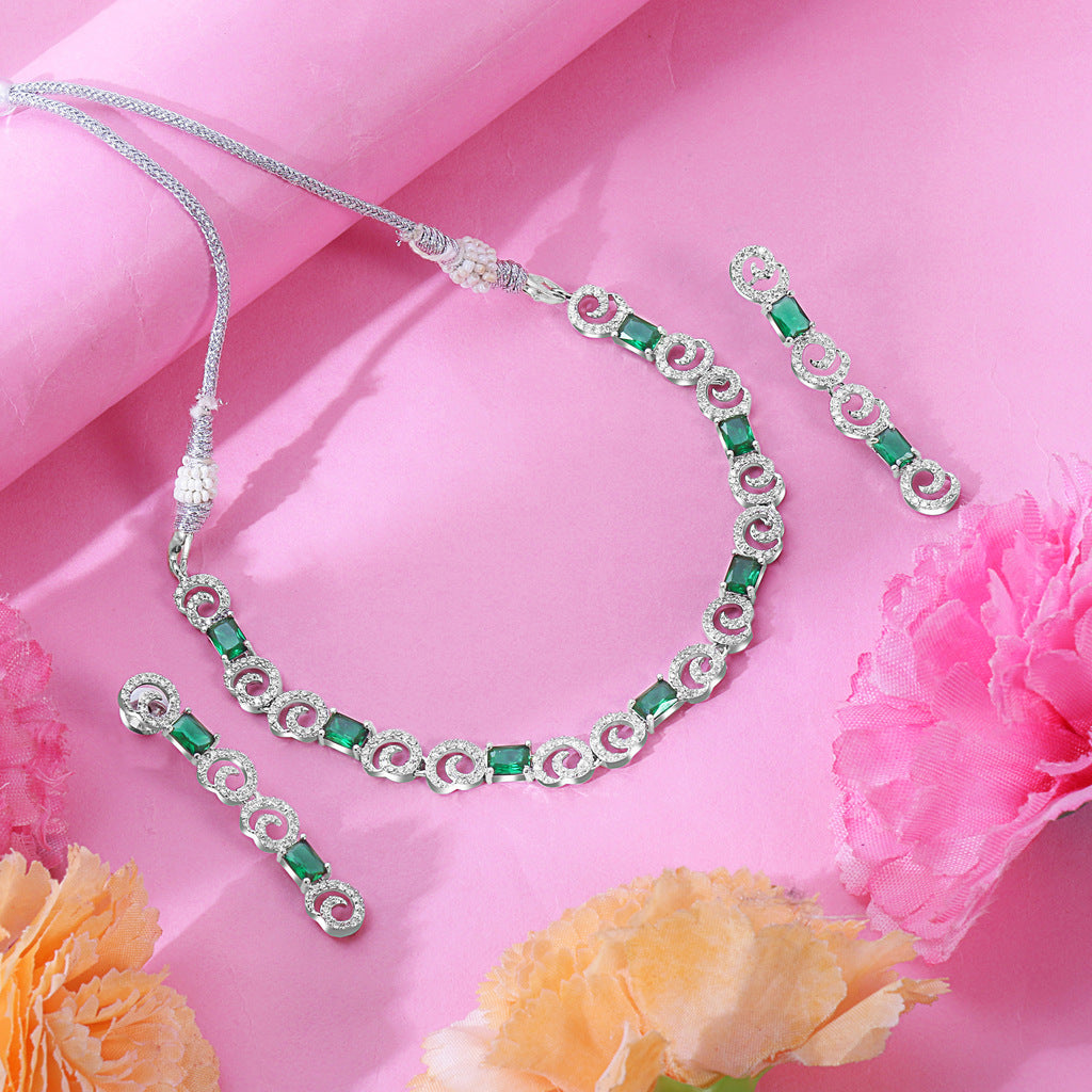 Silver Gleam Green AD Necklace Set