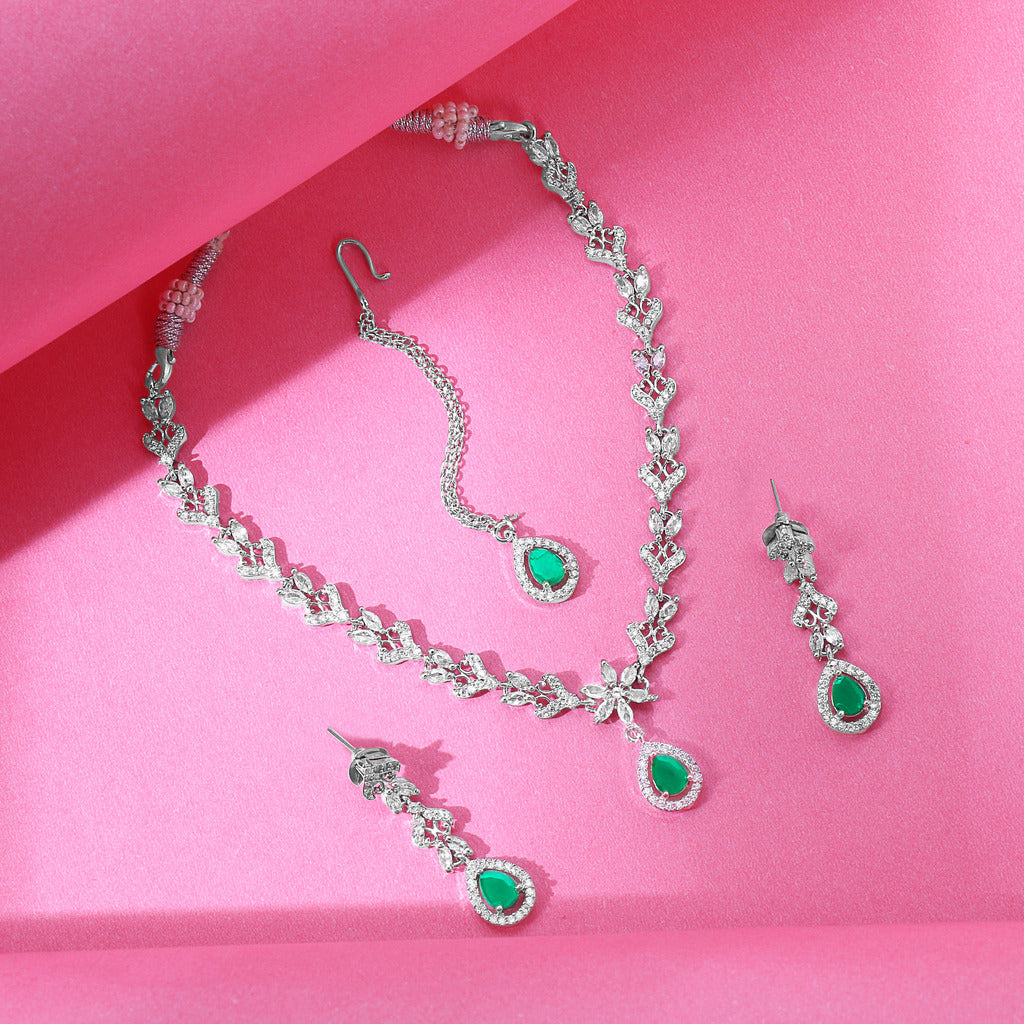 Sparkling Elegance Timeless Emerald Green Teardrop American Diamond Necklace Set With Mangtika