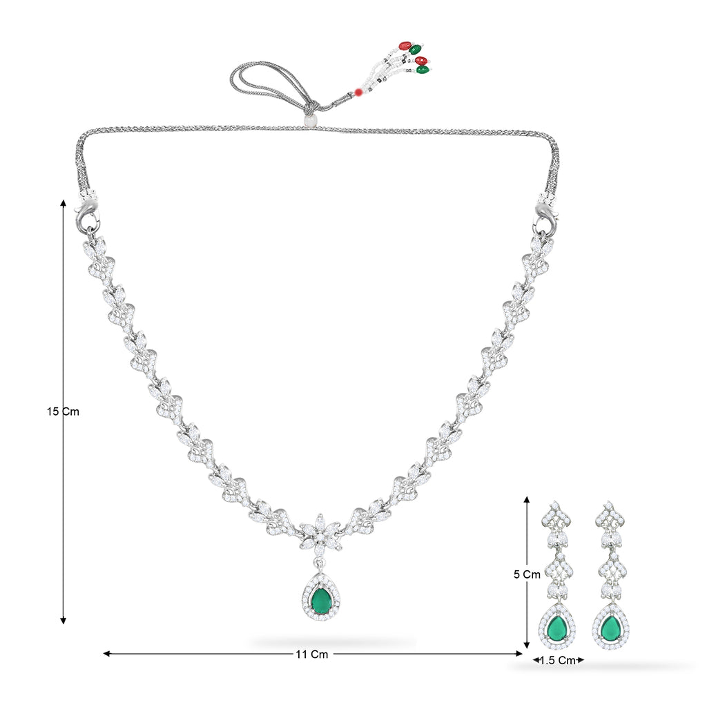 Sparkling Elegance Timeless Emerald Green Teardrop American Diamond Necklace Set With Mangtika