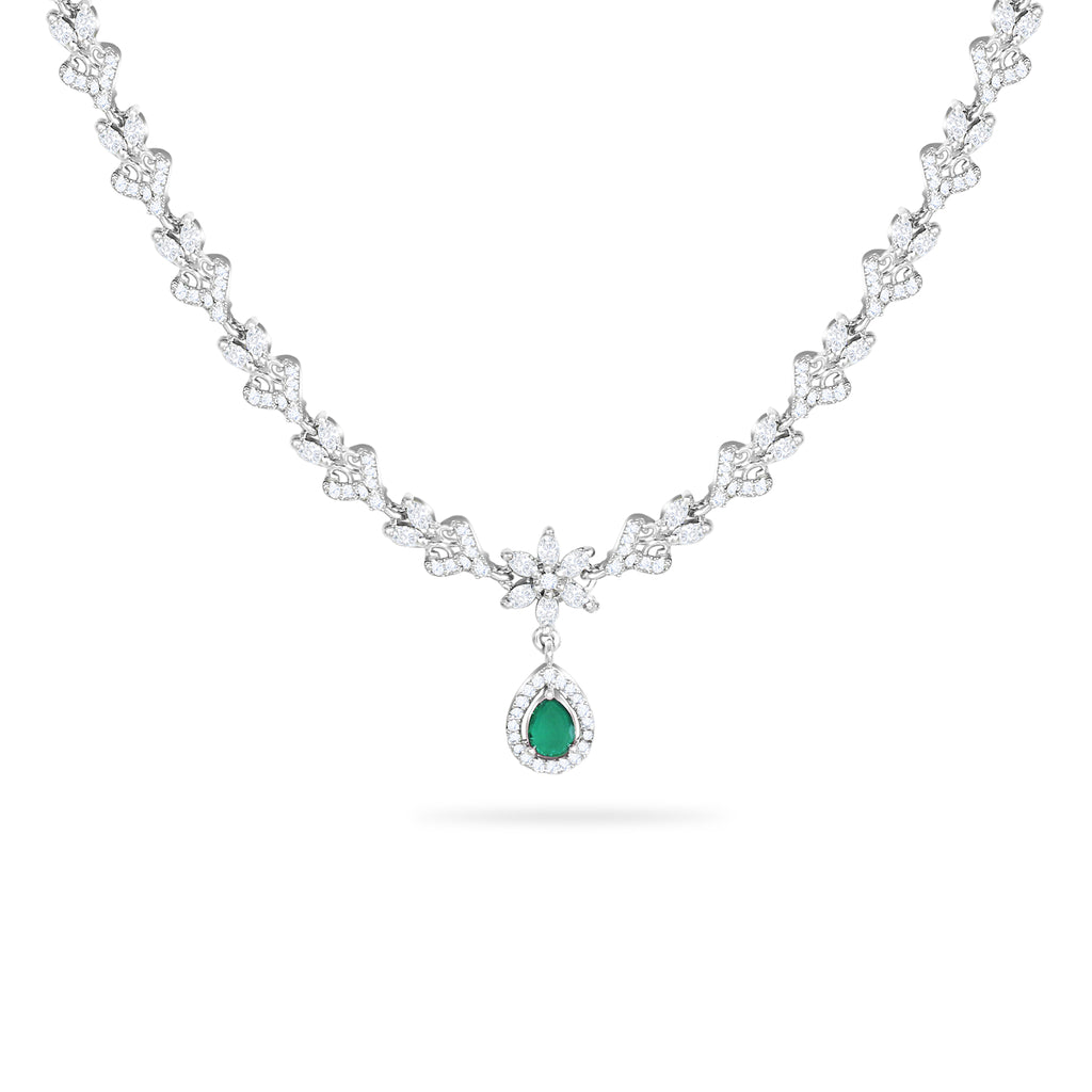 Sparkling Elegance Timeless Emerald Green Teardrop American Diamond Necklace Set With Mangtika