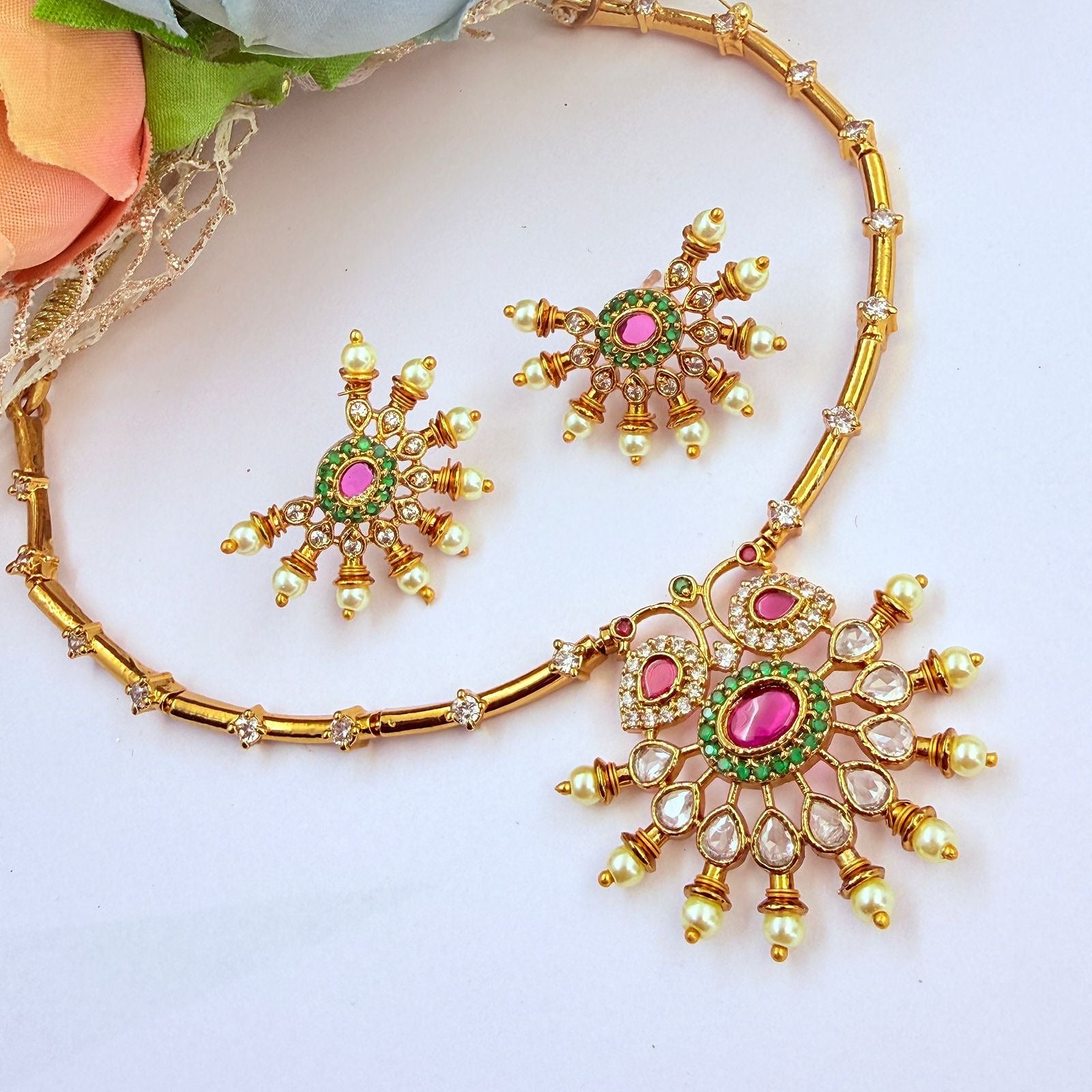 South Indian Choker Necklace Jewellery Set for Women Majenta