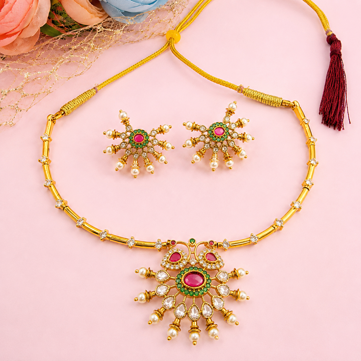 South Indian Choker Necklace Jewellery Set for Women Majenta