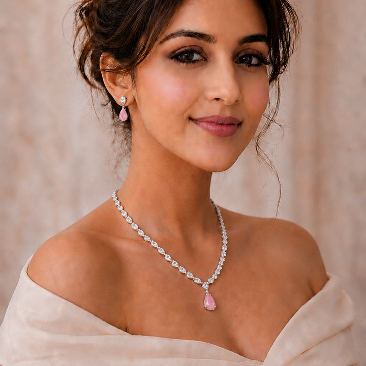 AD Pink Necklace Set with Earrings for Women