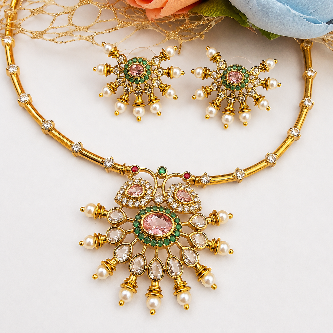 South Indian Choker Necklace Jewellery Set for Women Pink