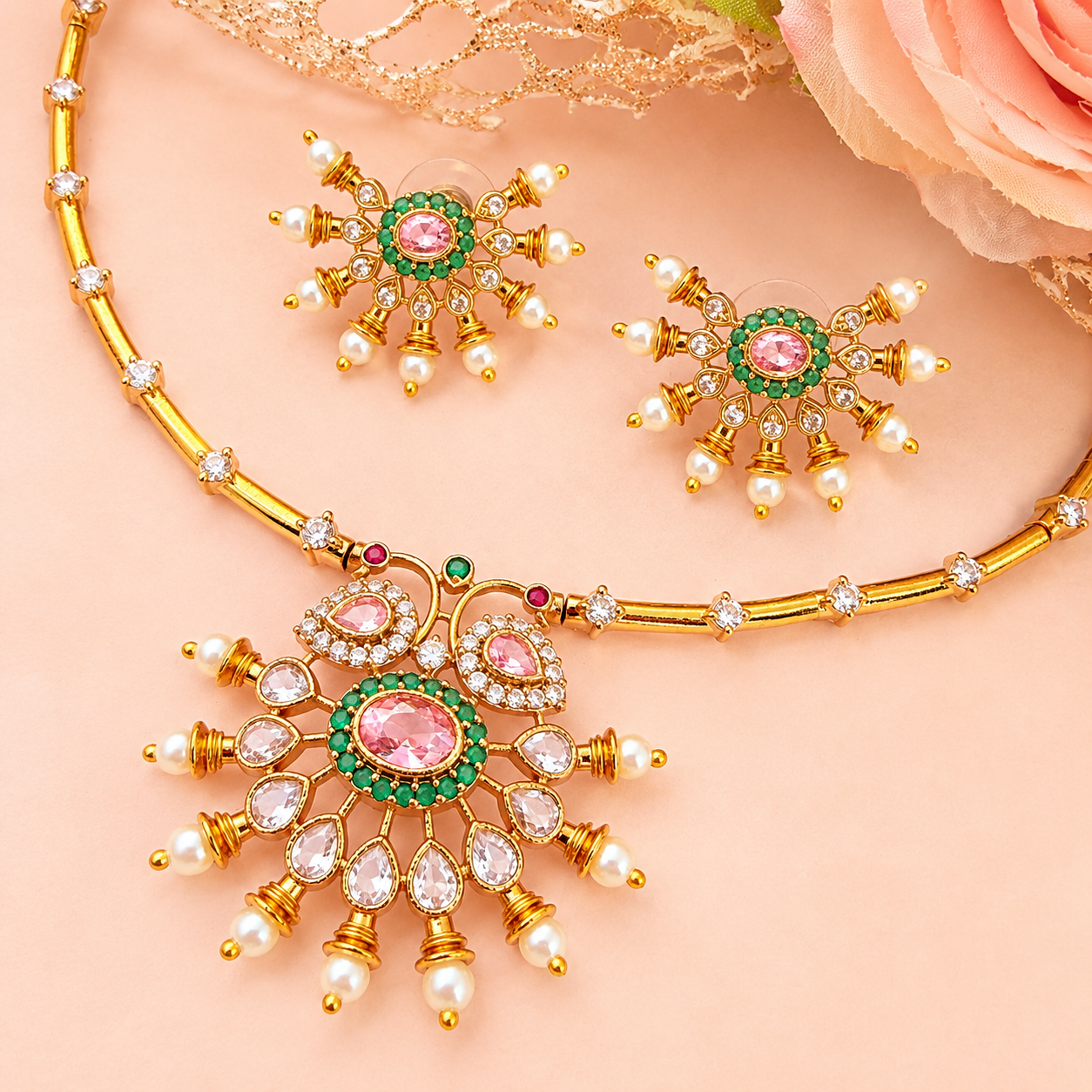 South Indian Choker Necklace Jewellery Set for Women Pink