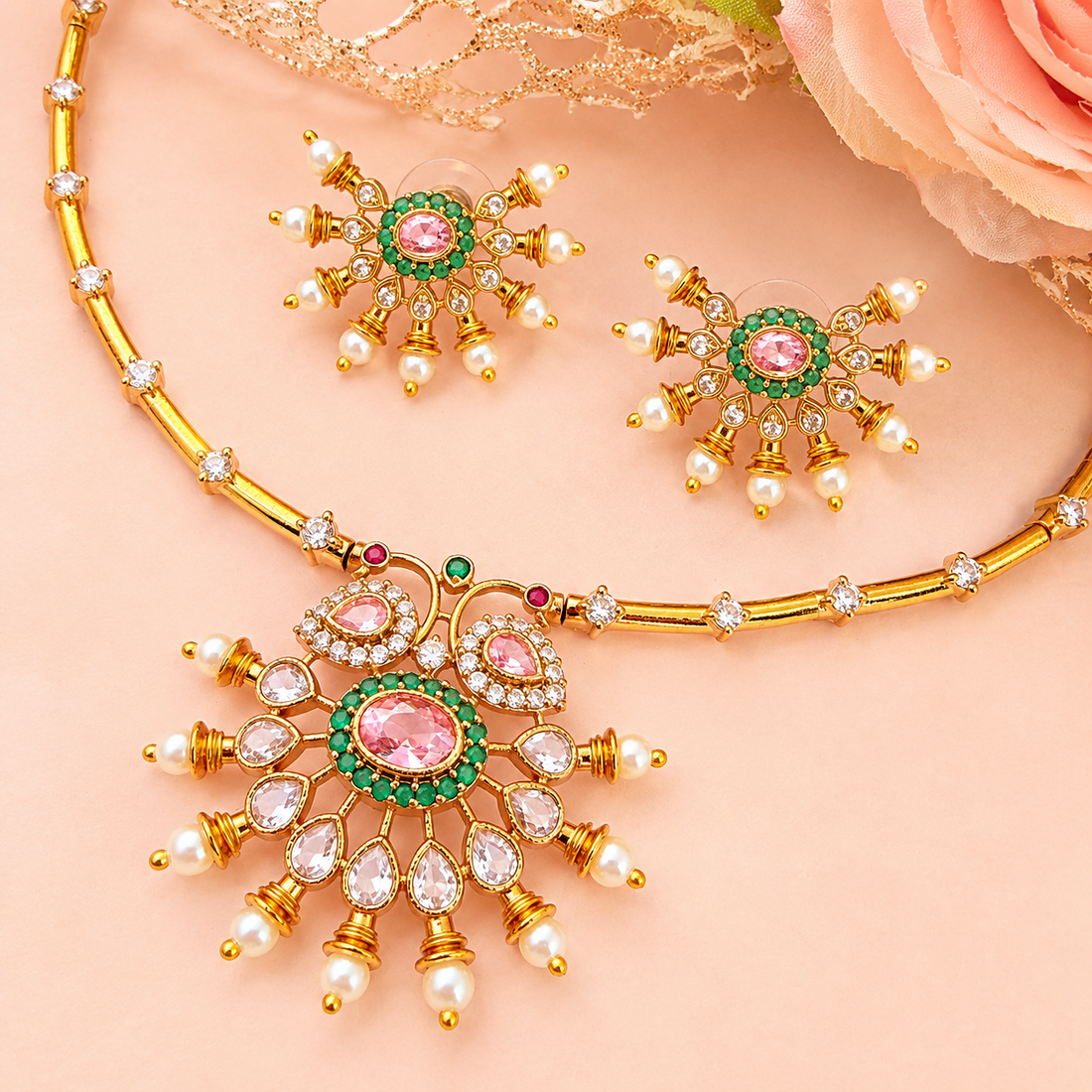 South Indian Choker Necklace Jewellery Set for Women Pink