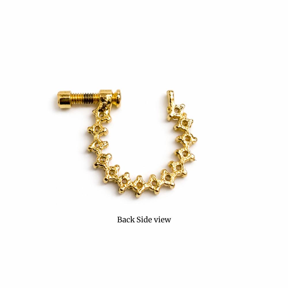 Gold earring back with a chain design on a white background