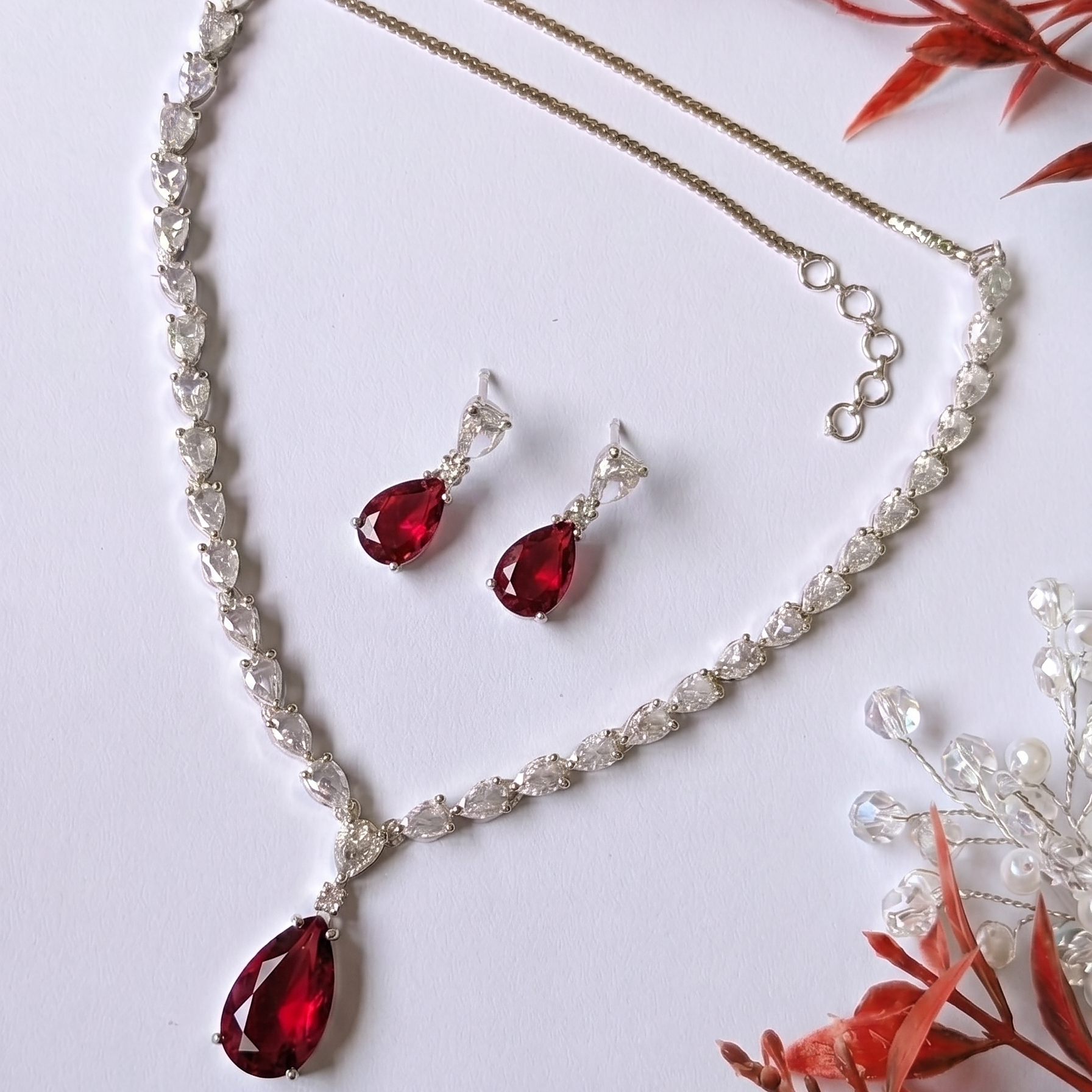 AD Red Necklace with Earrings for Women
