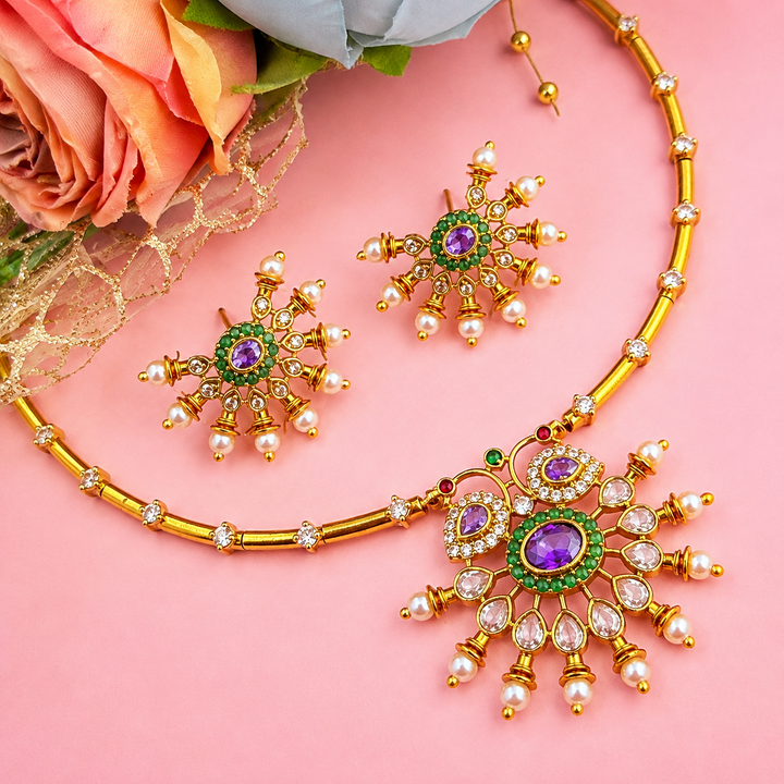 South Indian Choker Necklace Jewellery Set for Women Voilet