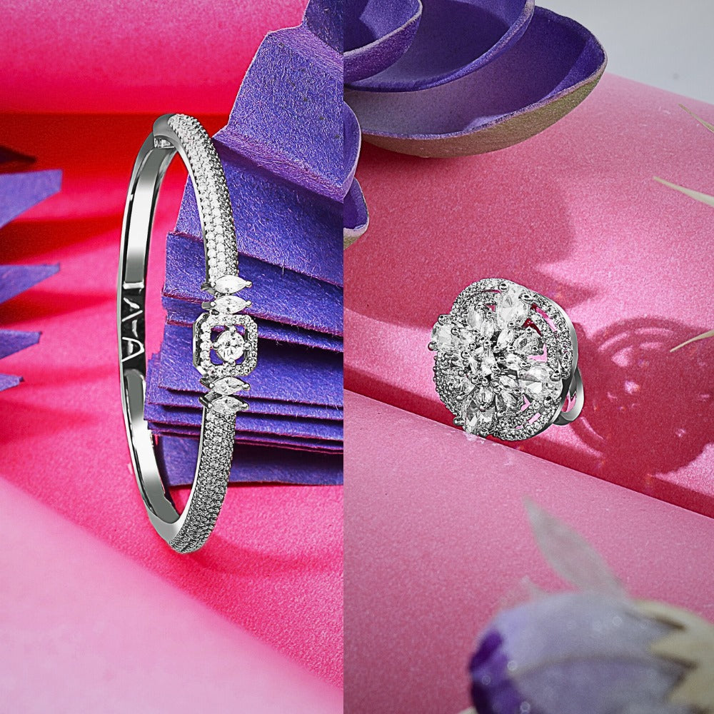 AD Studded Gold Plated Cocktail Ring + AD Zirconia Dainty Bracelet Combo - Up to 50% Off!