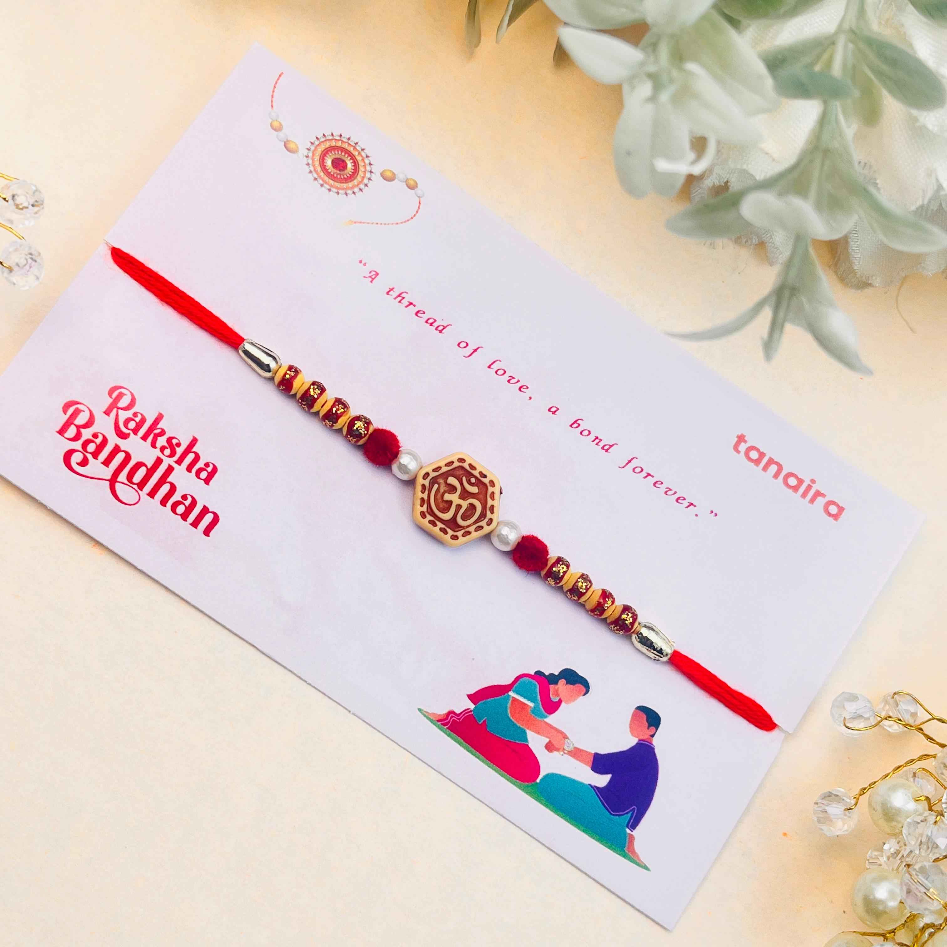 Om Rakhi with Red-Golden Beads – Spiritual Raksha Bandhan