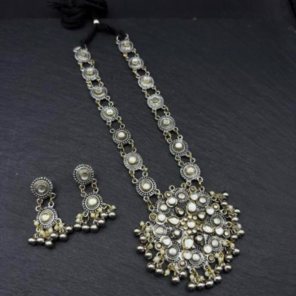 Oxidised Silver-Plated & White Kundan-Studded Jewellery Set