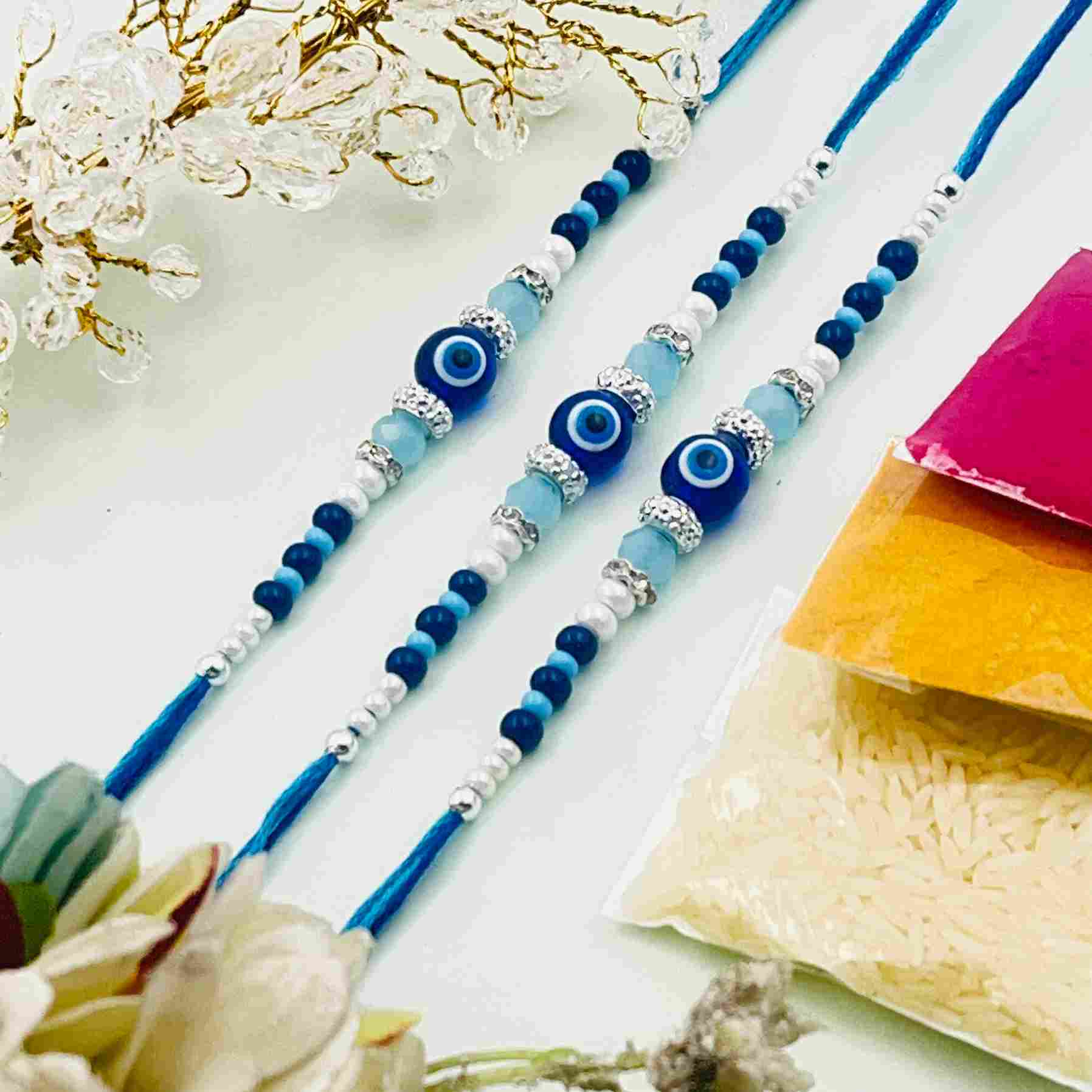 Handmade 3 Pc Evil Eye Rakhi Set – Stylish Blue Rakhi for Brother