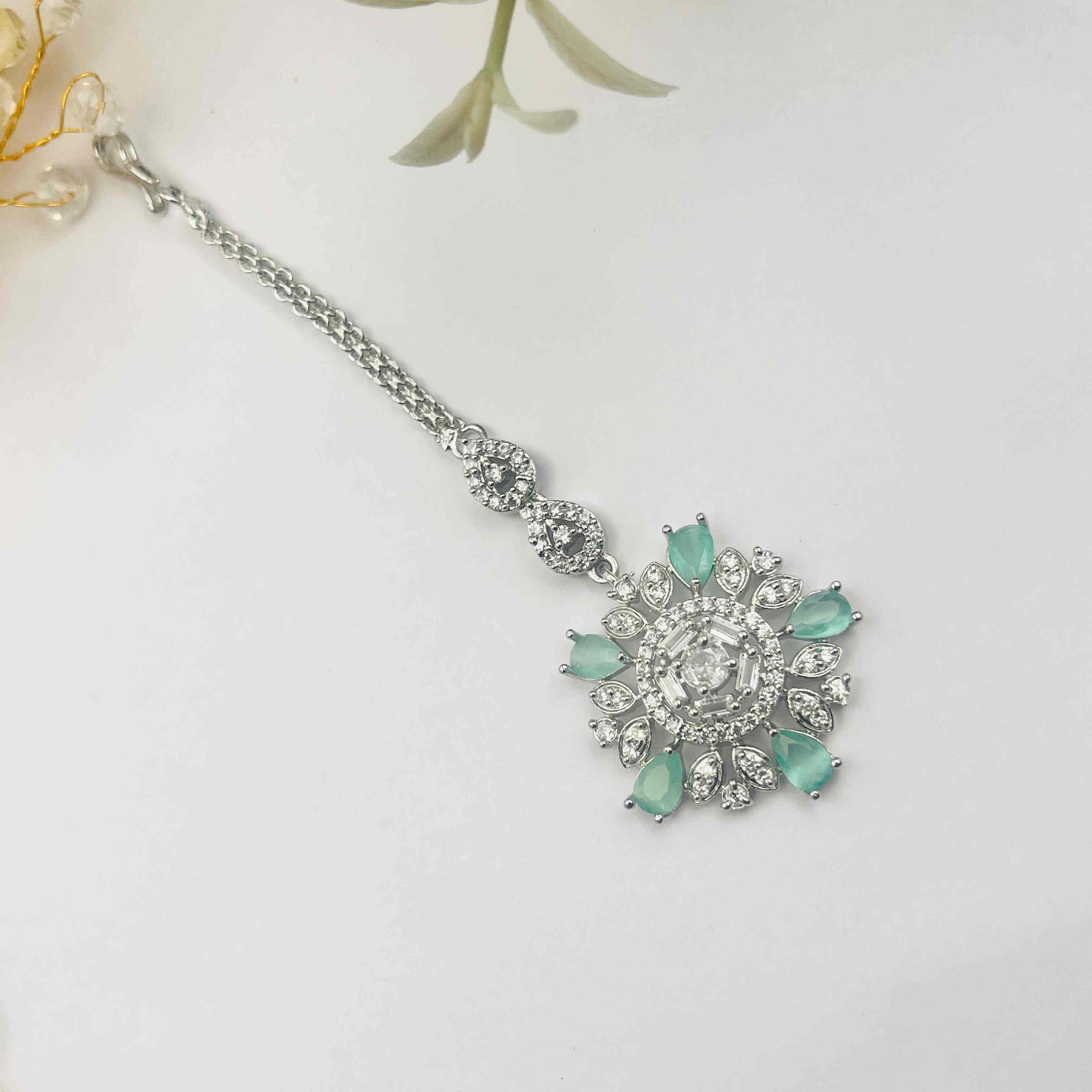 Tanaira Mint Green American Diamond Maangtikka