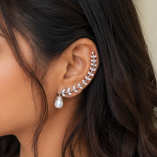 American Diamond Leaf Pearl Ear Crawler Earrings