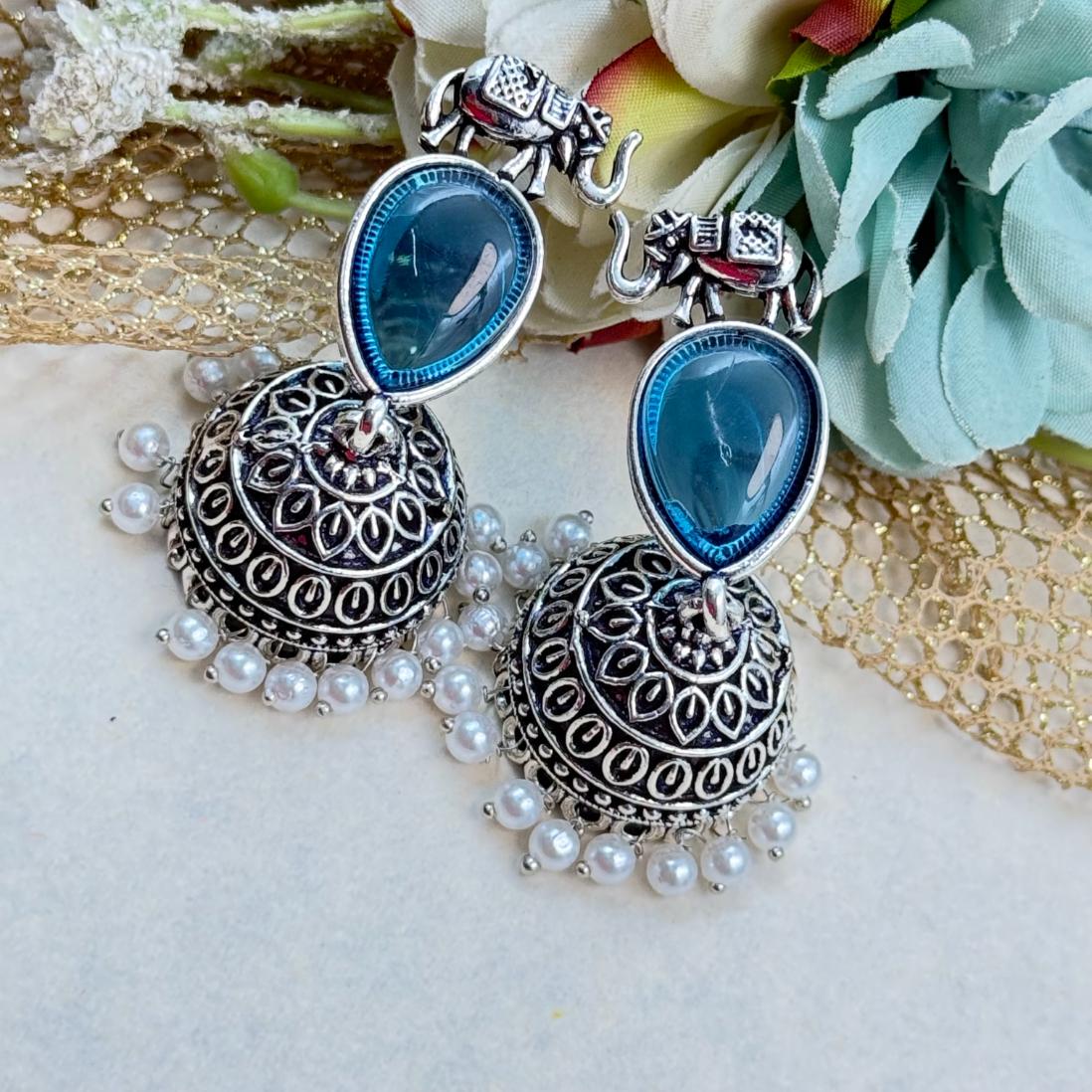 Blue stone elephant jhumka earrings with pearl drops oxidised finish ethnic jewellery