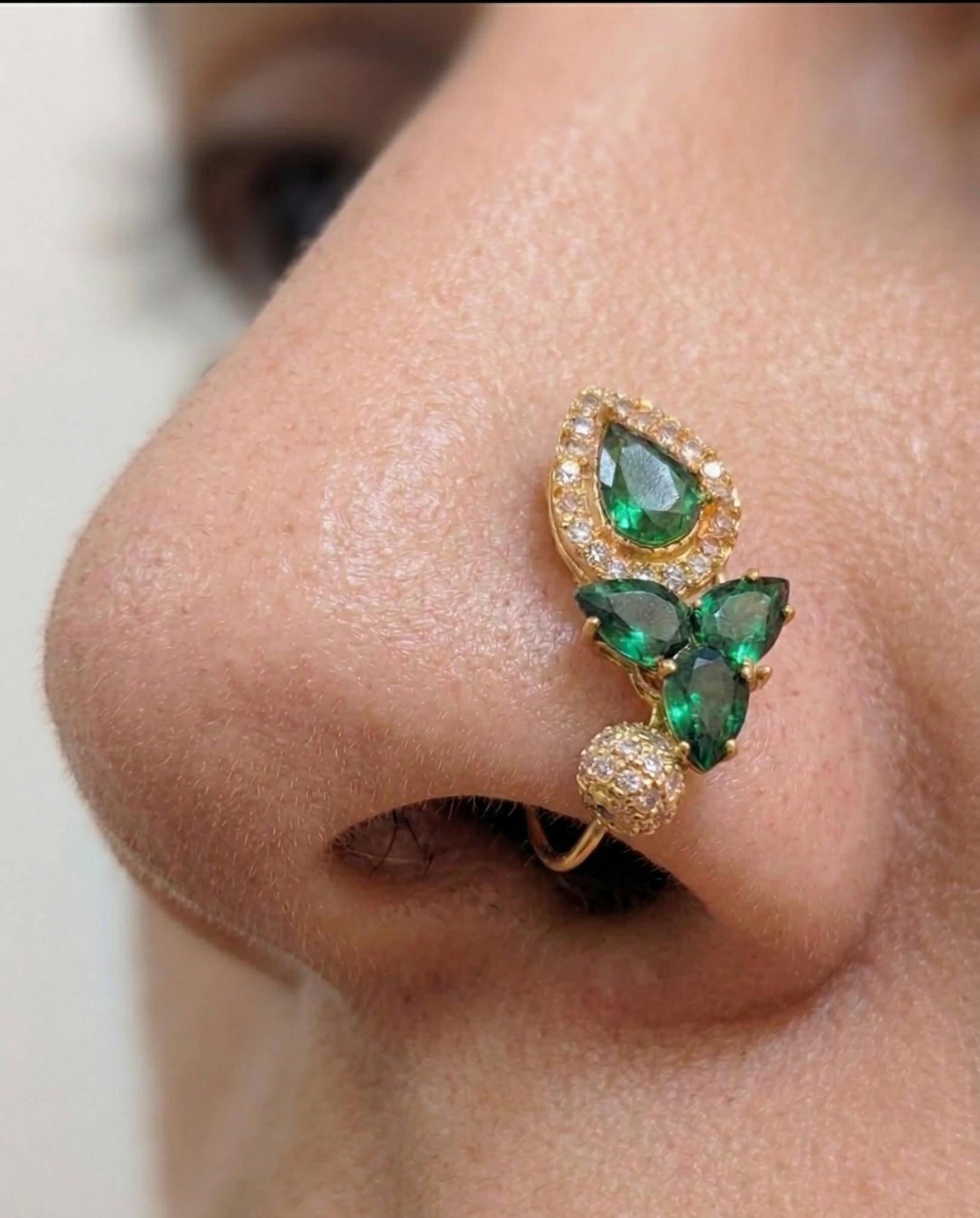Traditional green stone nath nose pin Maharashtrian bridal nose ring gold tone festive jewellery