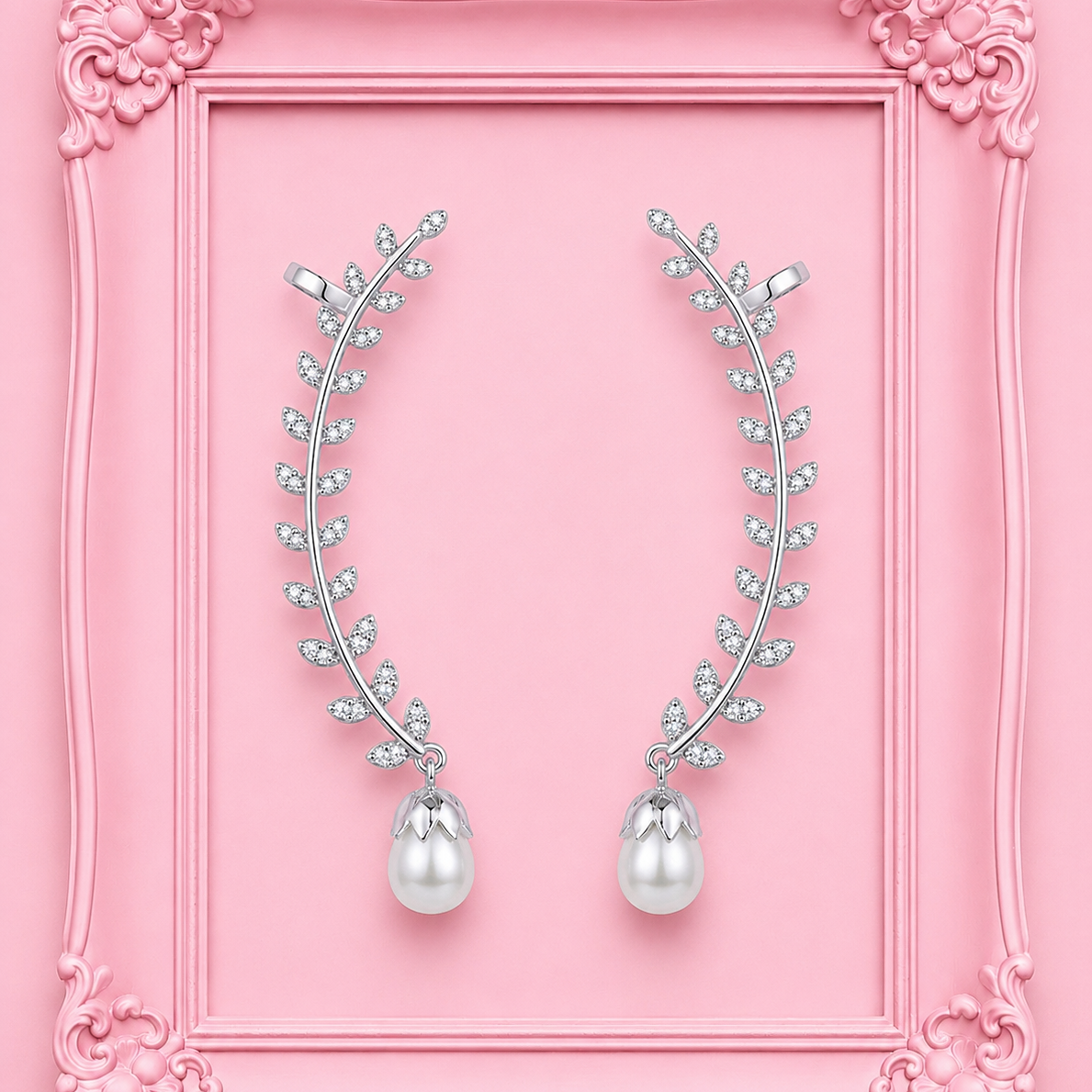American Diamond Leaf Pearl Ear Crawler Earrings