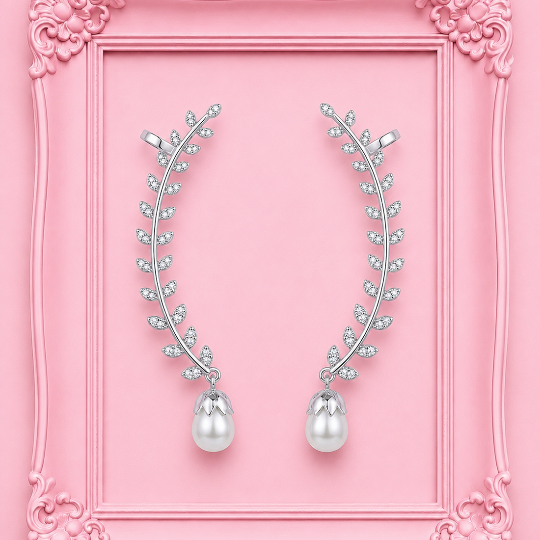 American Diamond Leaf Pearl Ear Crawler Earrings
