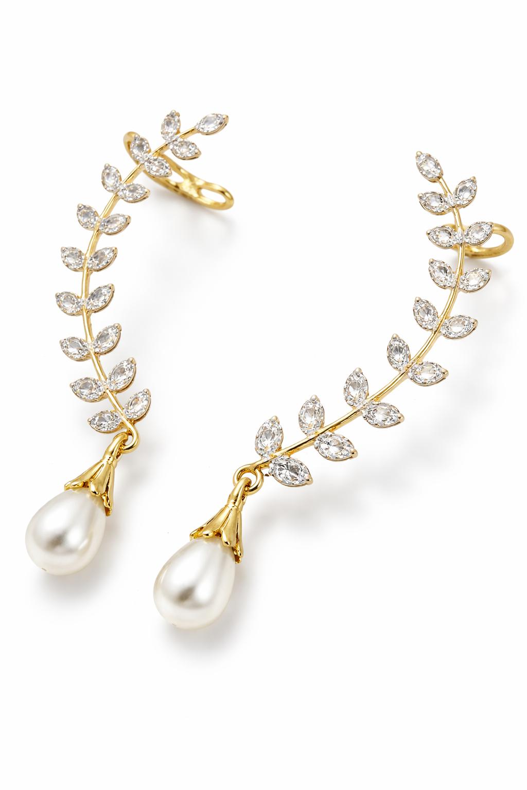 Gold Leaf Ear Cuff Earrings with Pearl Drop and AD Stones Stylish Party Wear Earrings for Girls