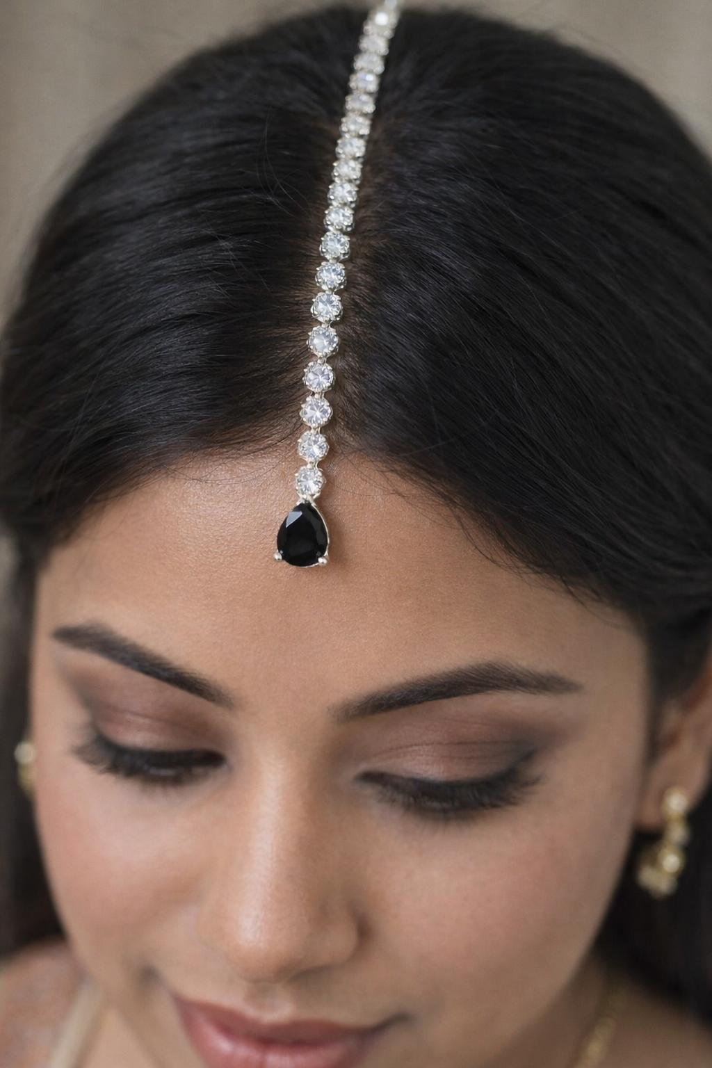 designer forehead jewelry with crystal chain and black teardrop stone ethnic accessory
