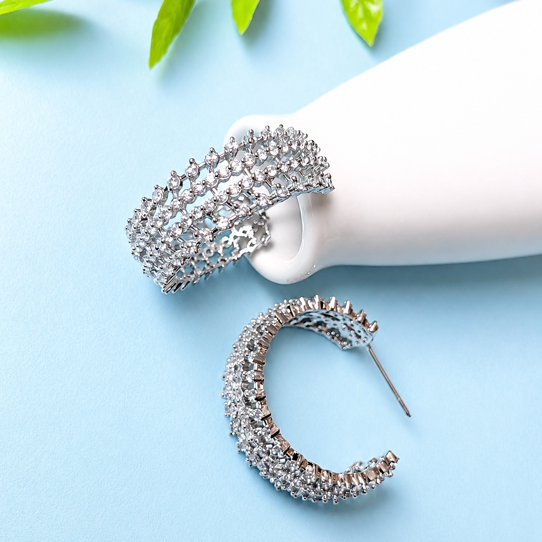 Silver Plated American Diamond Hoop Earrings - Tanaira