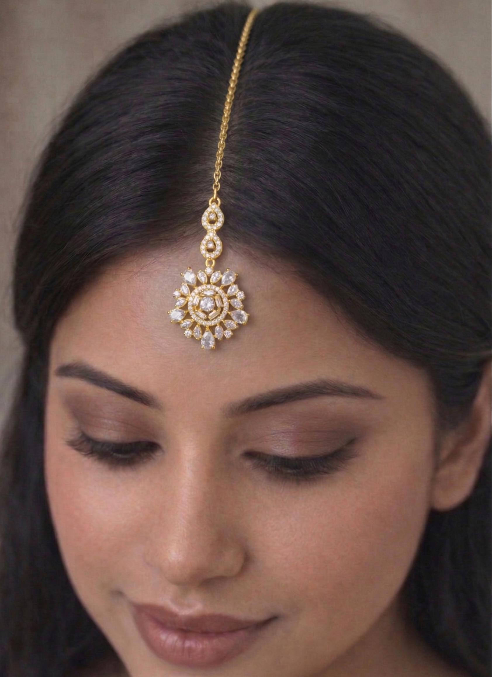 designer gold ad maang tikka with floral drop traditional hair accessory