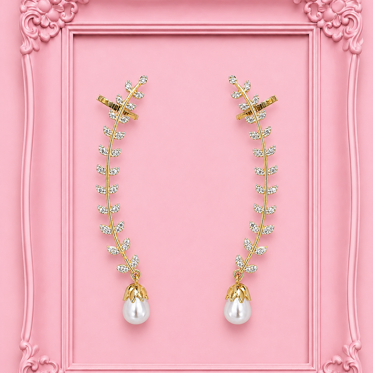 American Diamond Leaf Pearl Ear Crawler Cuff