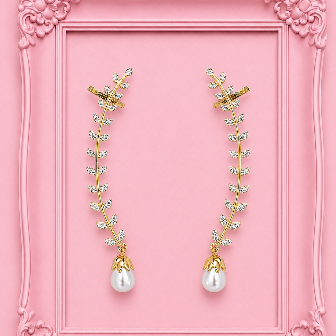 American Diamond Leaf Pearl Ear Crawler Cuff