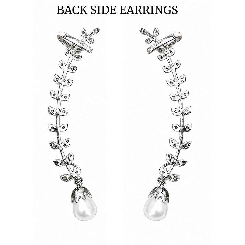 American Diamond Leaf Pearl Ear Crawler Earrings