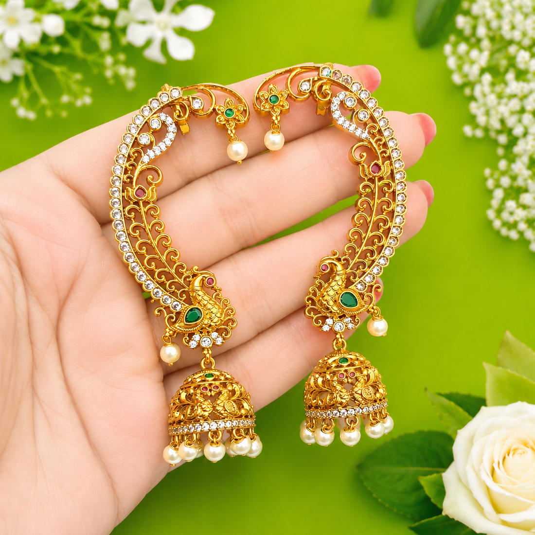 Designer Jhumka Earrings with Ear Cuff for Women