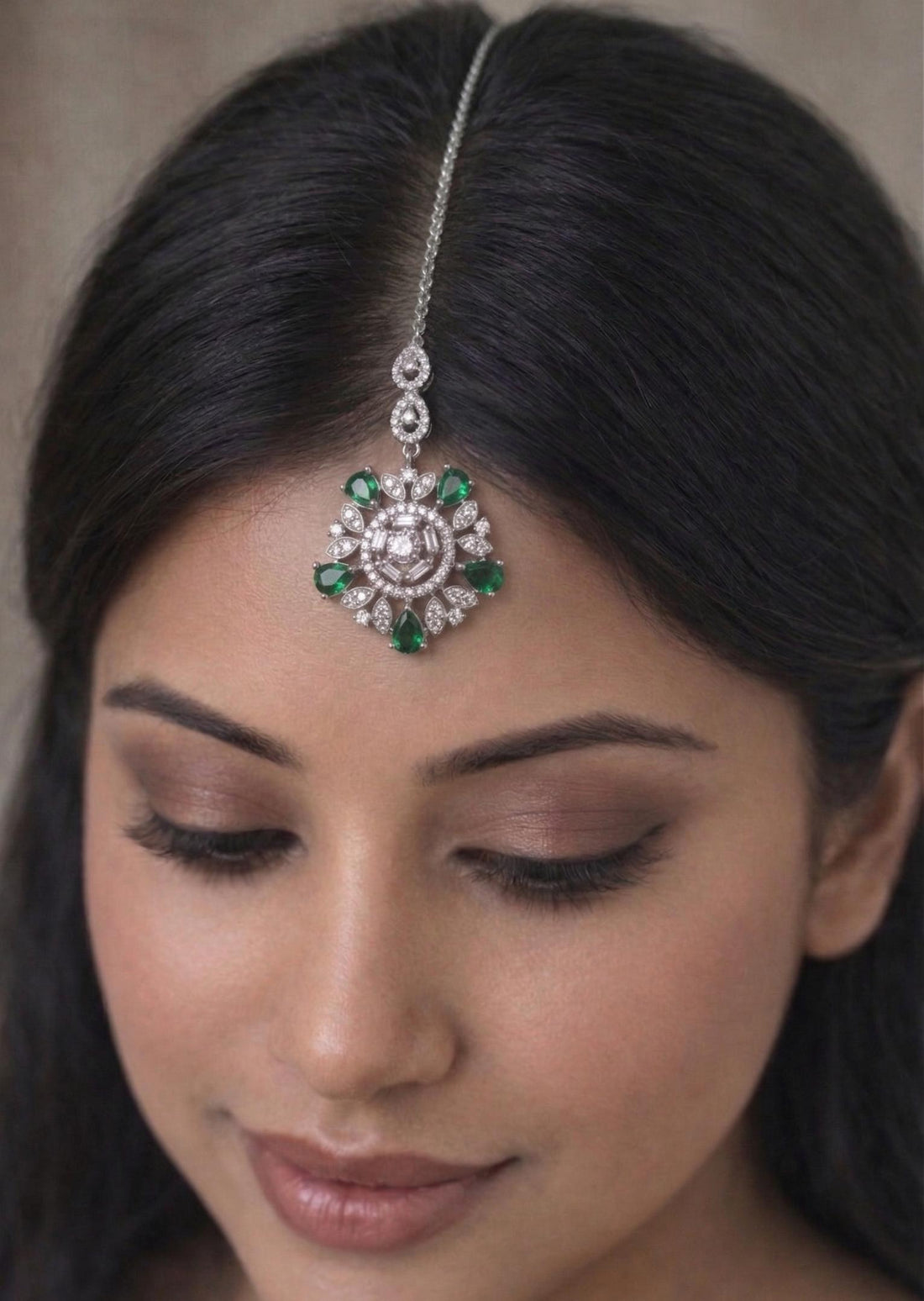designer silver maang tikka with green stones wedding festive accessory