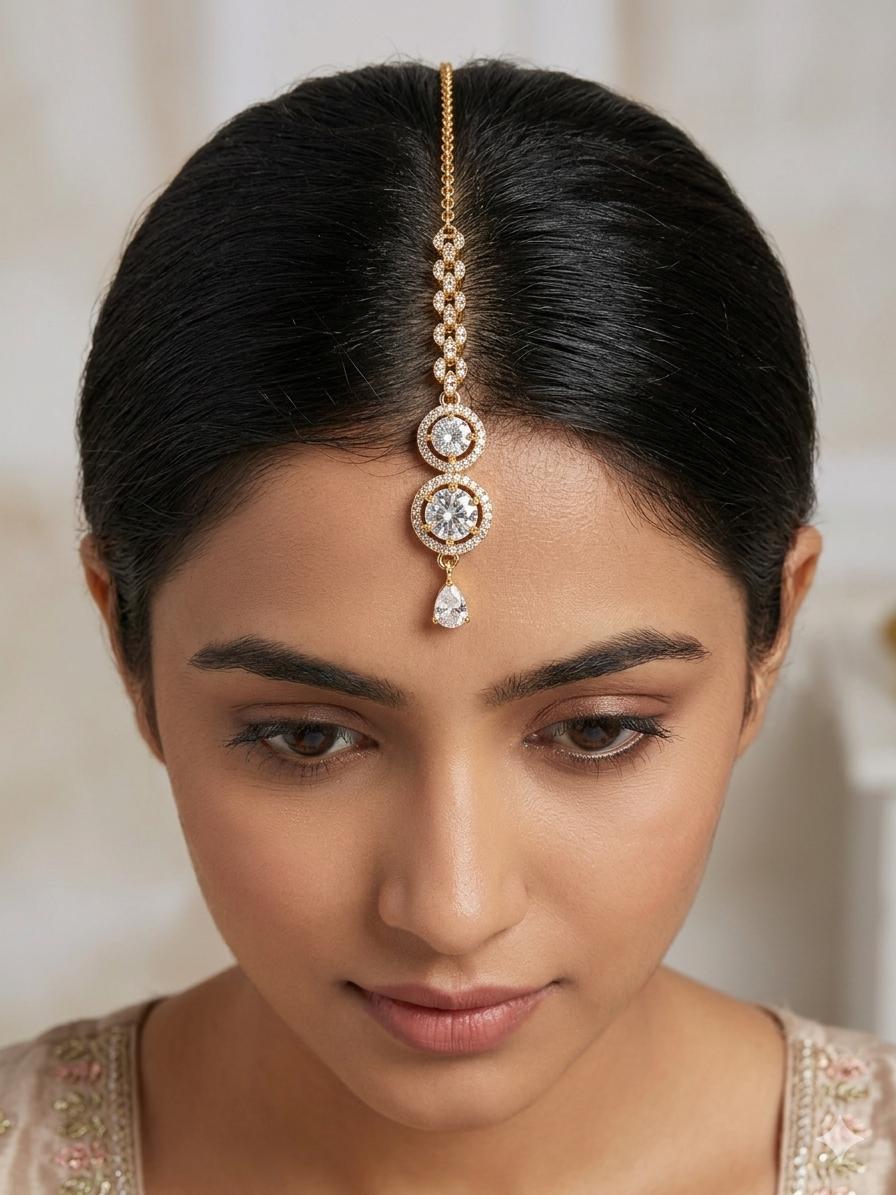 Elegant Double Layered Chain Maang Tikka with Crystal Pendant