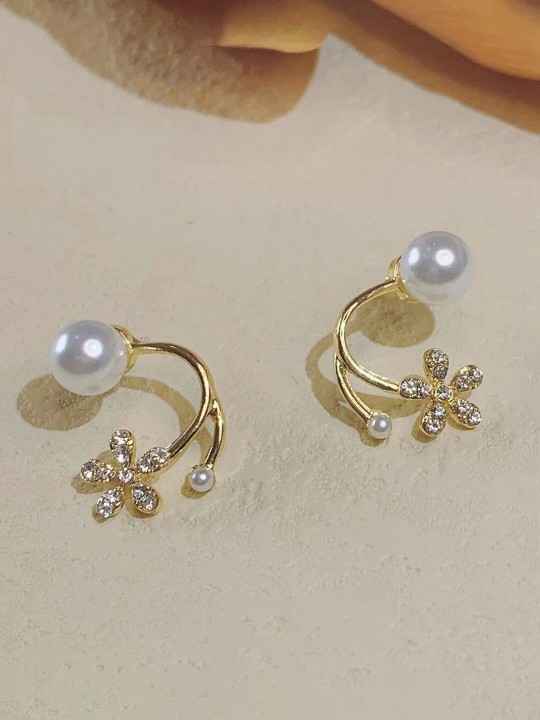 Elegant Pearl & Crystal Flower Drop Earrings