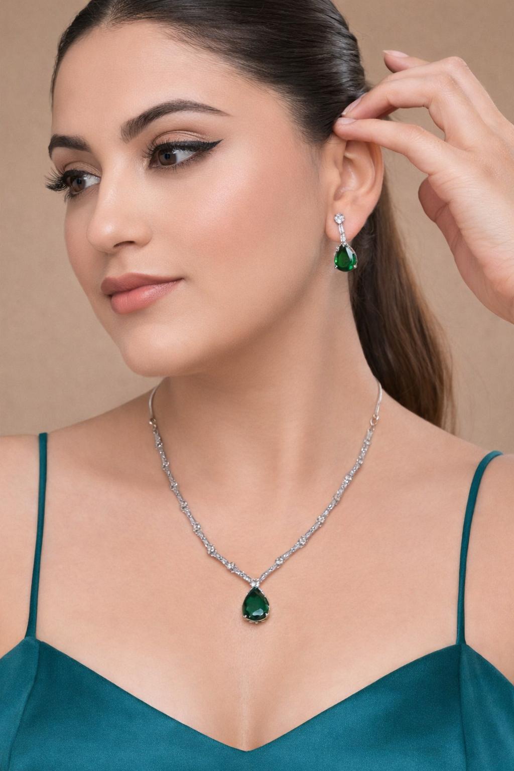 Elegant green drop pendant necklace with earrings jewelry set for women