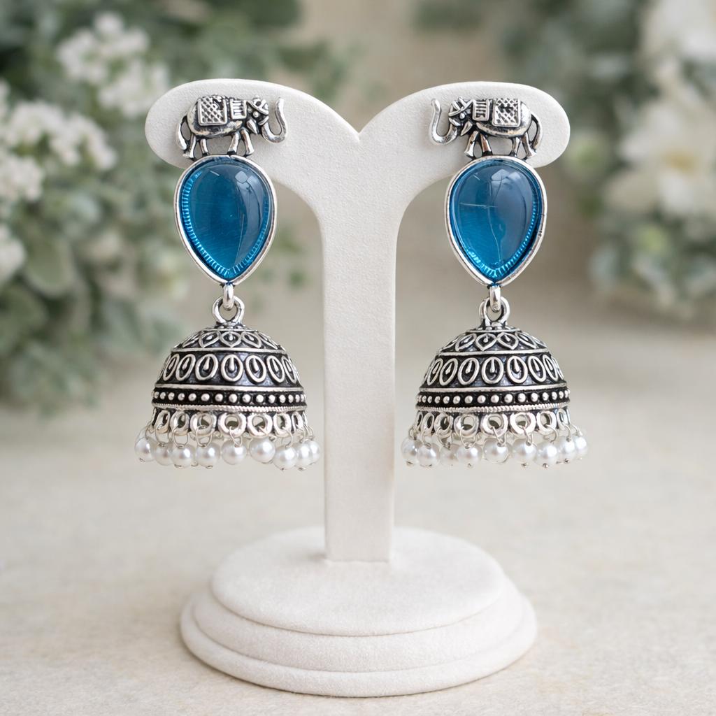 Traditional elephant design jhumka earrings blue stone oxidised silver pearl hanging