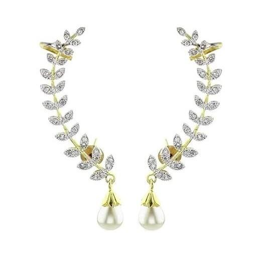 Designer Ear Cuff Earrings Leaf Pattern Pearl Drop AD Studded Gold Tone Fashion Jewellery India