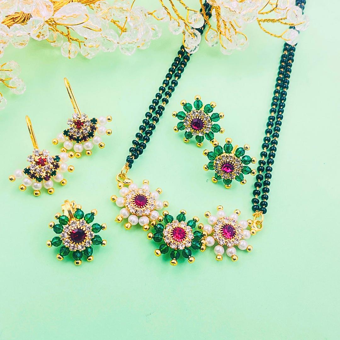 Floral design green necklace set with matching earrings and stud set for festive wear