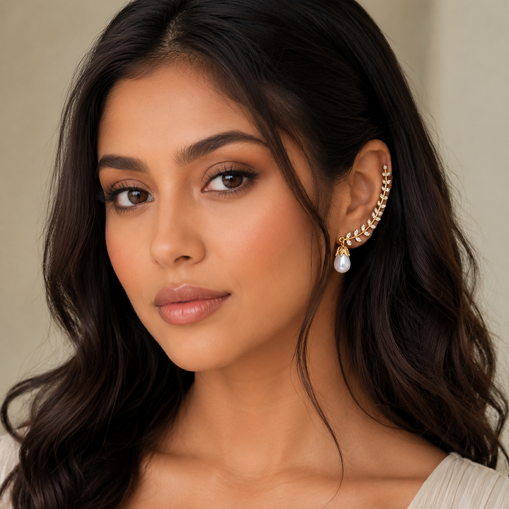 American Diamond Leaf Pearl Ear Crawler Cuff - Tanaira