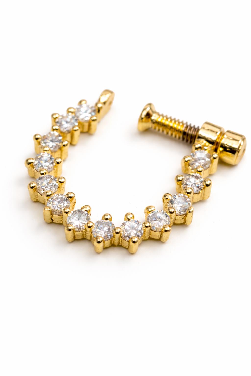 Gold plated curve nose pin with white stones screw type