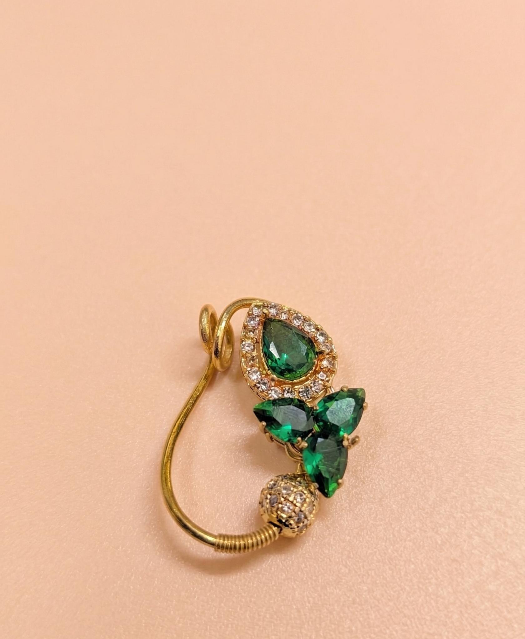 Stylish green stone nath for women ethnic nose ring gold finish party wear jewellery India