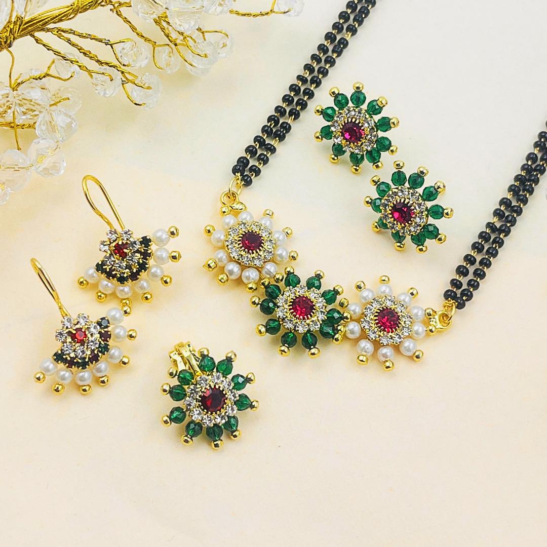 Green beaded floral necklace set with earrings and pearl detailing for women