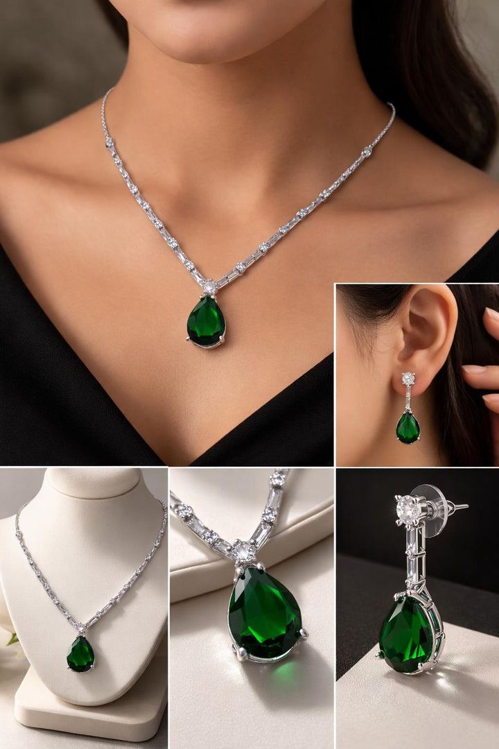 Stylish emerald color necklace set with stud earrings festive wear jewelry