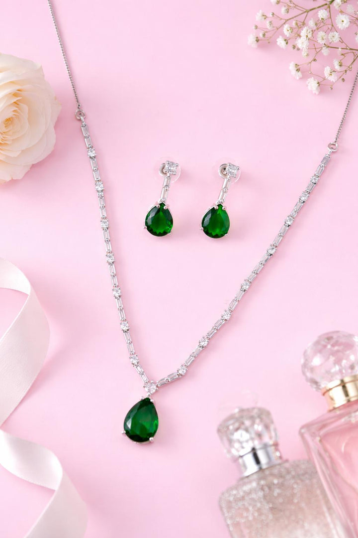 Green teardrop stone necklace set with matching earrings silver finish
