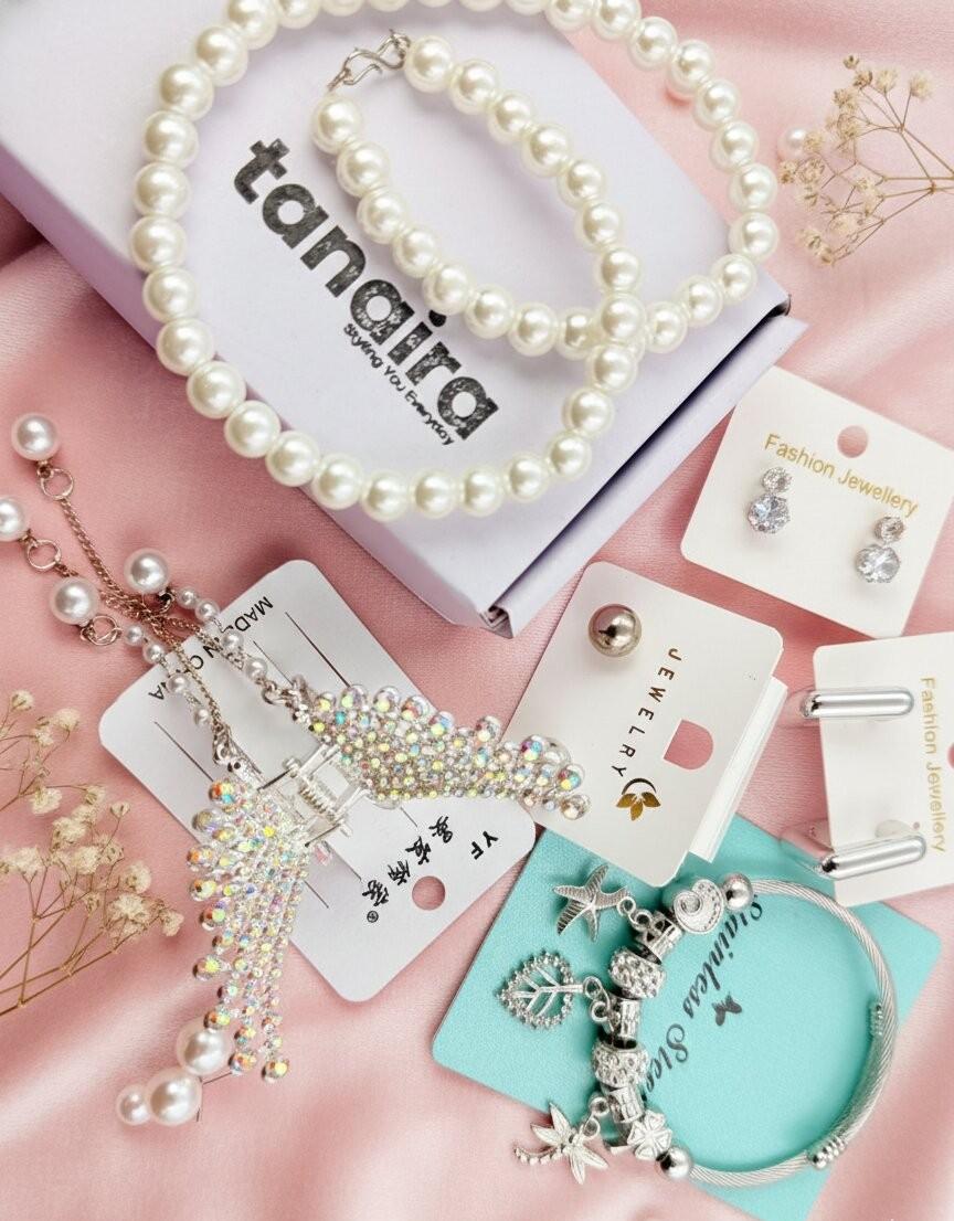 Pearl jewellery combo set for women with necklace bracelet and AD drop earrings in gift box