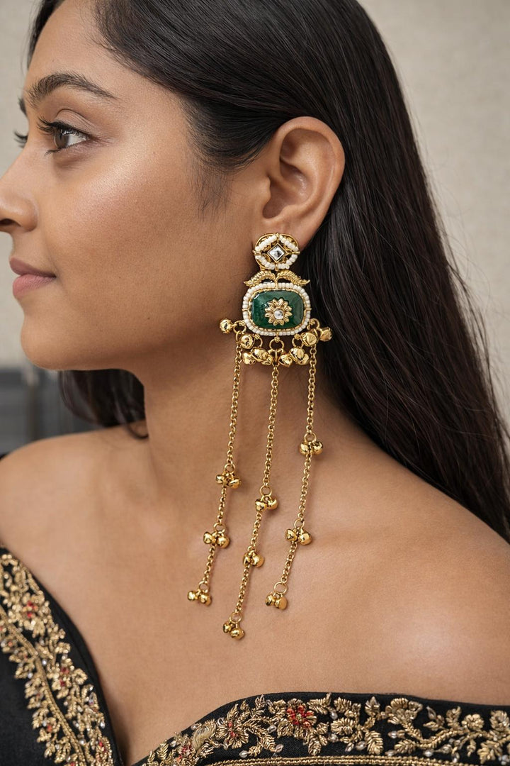 Kashmiri green ghunghroo drop earrings gold plated traditional long earrings