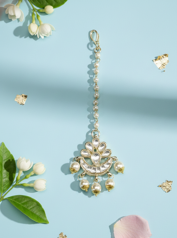 kundan pearl maang tikka gold plated bridal forehead jewellery