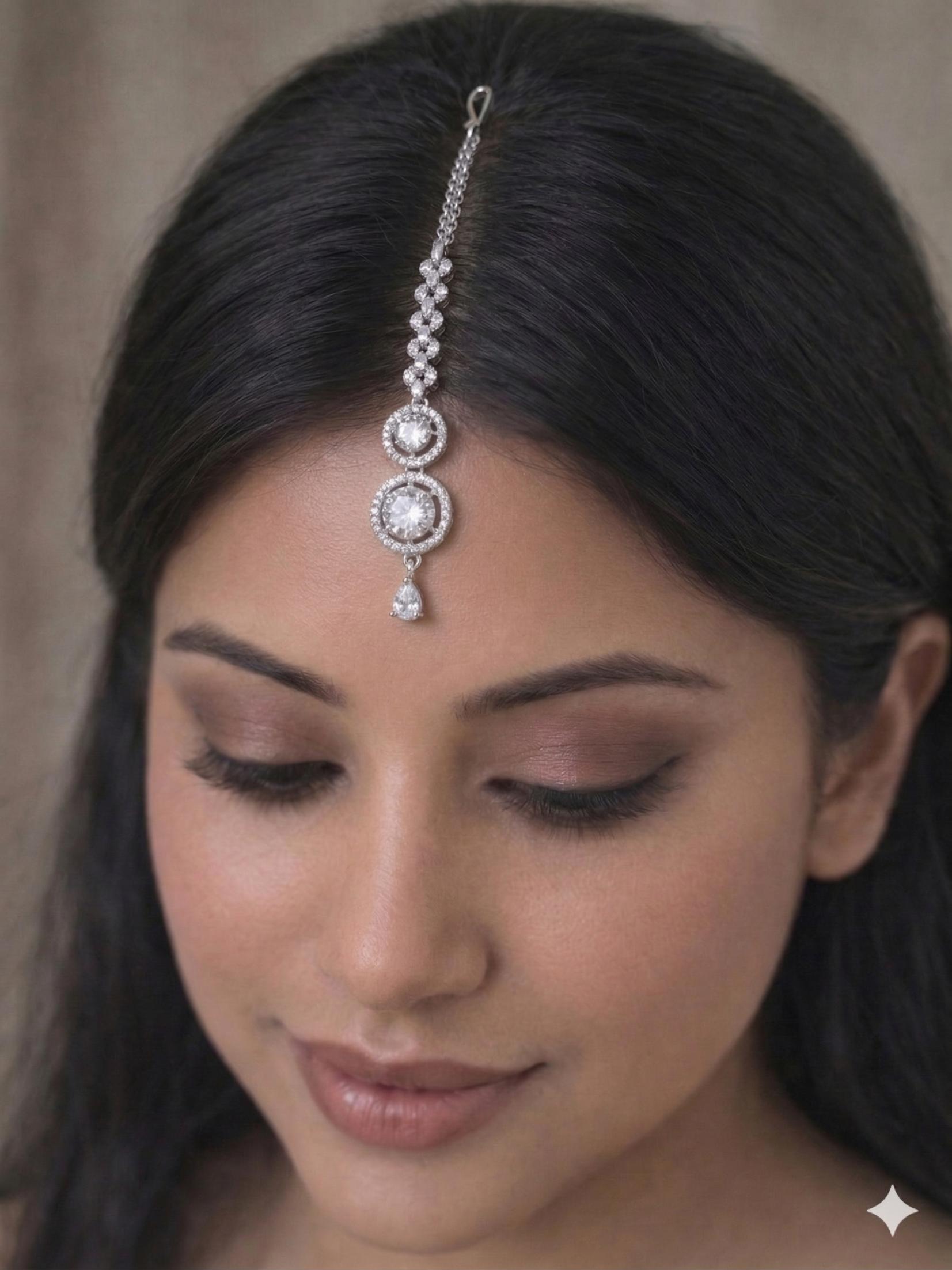 Lightweight silver stone maang tikka with elegant drop for wedding and party