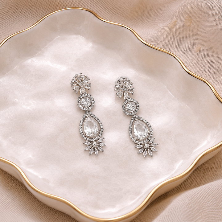 Silver Plated American Diamond Teardrop Drop Earrings