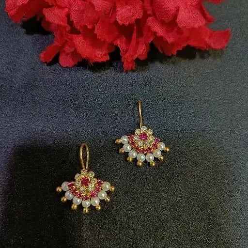 Pink CZ & Pearl Traditional Dangler Bugdi Earrings
